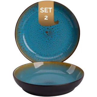 palmer Lotus grosse tiefe Teller - 2er-Set - Steinzeug - Ø 21 cm - türkis blau, aussen dunkelbraun - für Pasta, Suppe oder als Servierteller - stapelbar, spülmaschinenfest