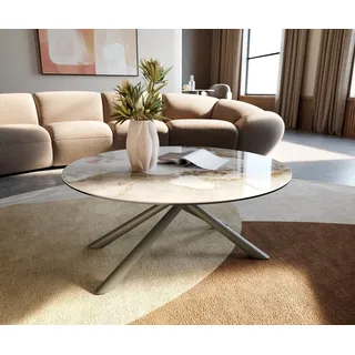 DELIFE Couchtisch Edge, Rund 90x90 cm Keramik Minas Melange Sarity Metall Effektfinish Titan beige|weiß Gerade Kante Rund | 90 cm x 42 cm x 90 cm