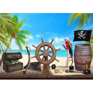 BELECO 2.1x1.5m Piraten-Hintergrund aus Stoff für Fotografie, Strand, Piratenschiff, Holzruder, Schatzkarte, Schmuckschatulle, Fass, Papagei, Hintergrund, Halloween, Piratenparty, Dekoration