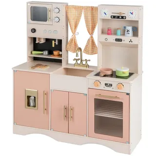 COSTWAY Spielküche Holz, Kinderküche mit Mikrowelle, Spüle rosa