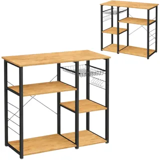 Begryf Küchenregal freistehend, Mikrowellenregal mit 4 Ablagen, Drahtkorb und Hakenleiste, Küchenorganizer im Industrial Design aus Metall und Eichenoptik, 90 x 40 x 84 cm