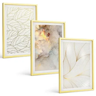 BILDER SET 3er Set - 40x60 cm Goldrahmen - Blättermuster Marmor abstrakt