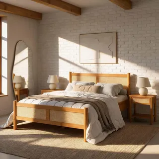 IDIMEX Massivholzbett CEFIRA 160x200 cm mit Rattangeflecht, Eiche Finish - Doppelbett aus massivem Kiefernholz, stabiles Holzbett im Boho-Stil