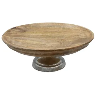 Spetebo Servierteller Mango Deko Teller mit Fuß aus Aluminium - Ø 30 cm, Holz, (Dekorativer Teller, 1-tlg., Inhalt), Holz Servierständer mit Metall Standfuß beige