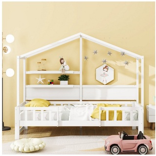 Flieks Kinderbett, Massivholz Hausbett Einzelbett mit Dach und Sicherheitszaun 90x200cm weiß