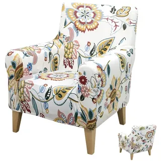 BTTO Sesselhusse Floraler Sesselbezug,Stretch Einzelsofa Möbelschutz mit Armlehnen, Bunt Blumen Stuhlbezüge Stuhlschutz,Couchbezug 1 Sitzer weiß