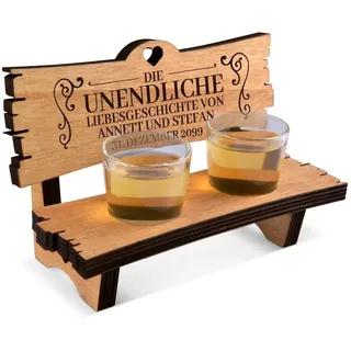 Personalisierte Hochzeitsbank mit 2 Schnapsgläsern inkl. Gravur individuell Schnapsbank Hochzeitsgeschenk für Brautpaar 16,5x11x8cm - Liebesgeschichte