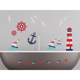 GRAZDesign Wandtattoo Leuchtturm Set Badezimmer, Maritim Anker Schiffe Steuerrad Fische, Wandaufkleber beliebig platzierbar, 150x57cm