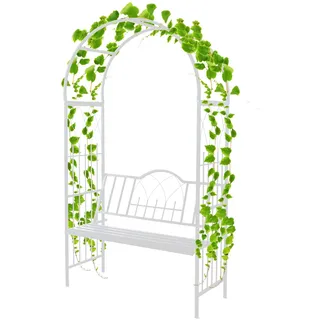 QYANPEN Gartenbogen aus Metall mit Bank, Pergola-Spalier aus Stahl für Weinreben/Kletterpflanzen, 210 cm hoher Rosenbogen mit 2-Personen-Bank, Gartensitz für draußen (weiß)