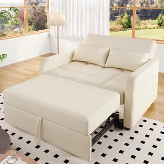 Merax Schlafsofa 2-Sitzer Sofa mit Schlaffunktion | 180x127 cm, Modernes Klappsofa 3-in-1 Schlafcouch mit Verstellbarer Rückenlehne, Leinenstoff, Kleines Sofabett für Wohnzimmer/Wohnung, Beige