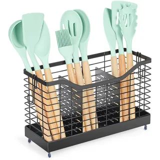 GRKJGytech Küchenutensilienhalter für Küchentheke, Schwarzer Besteckhalter, Mit rutschfesten Gummifüßen Küchenutensilien Kitchen Arbeitsplatte Organizer, Kochlöffelhalter, Besteck schwarz matt