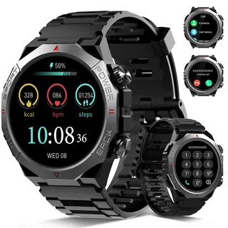 Qecnato Militär Smartwatch Herren Damen, 1.39''HD Display Fitnessuhr für Outdoor, Herzfrequenz, Schlafmonitor, 110+ Sportmodi, IP68 Wasserdicht Sportuhr, 30 Tage Akkulaufzeit, Kohlschwarz