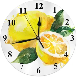 djfhwvjxt Zitronenuhr, Natur, Aquarell, Sommer, Obst, Zitronenscheiben, Blätter, runde Wanduhr, leise, nicht tickend, rustikale Heimdekoration, 25,4 cm, für Küche, Badezimmer, Büro, Gelbgrün
