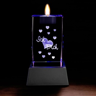 Kaltner Präsente Stimmungslicht LED Kerze/Kristall Glasblock / 3D-Laser-Gravur Teelichthalter Herzen Ich Liebe Dich/inklusive LED Untersetzer