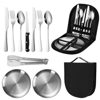 XDeer Besteck-Set Tragbare Besteck-Set Picknicktasche,Camping Besteck Küchenhelfer Set, 2 Personen,Tellerlöffel/Gabel für Outdoor Wandern Camping Wandern silberfarben