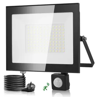 wowspeed 100watt Led Strahler Außen Mit Bewegungsmelder 10000lm Aussenleuchte Kaltweiss Scheinwerfer Mit Stecker Fluter Aussenstrahler IP67 Wasserdicht Flutlicht 1.2M Cable Fur Garten