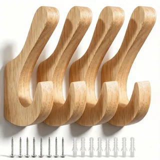 WJUAN 4er Set Kleiderhaken Holz – Garderobenhaken Holz aus Massivholz Eiche, Doppelhaken Wandhaken Holz mit Schrauben & Dübeln, Tragkraft 10kg – Für Flur, Bad, Schlafzimmer (Natur)