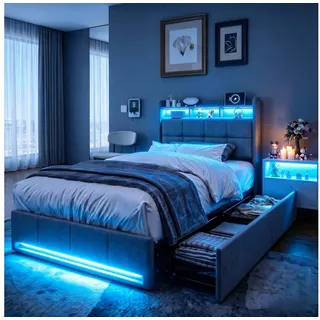 Furnishings Home Polsterbett LED Doppelbett Stauraumbett mit Kopfteil und 4 Schubladen (Leinenmaterial Polsterbett mit RGB Beleuchtung), mit Lattenrost und Ladefunktion, mit Komforthöhe, Leises Design Bett grau