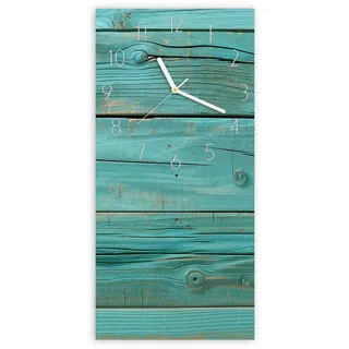 Primedeco Wanduhr Glasuhr Wandkunst Größe 30 x 60 cm mit Motiv Holzplanken Türkis