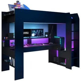 Parisot Hochbett Gaming - mit Schreibtisch, USB Anschluss, LED, Beleuchtung schwarz