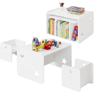 WOLTU Kindertisch mit 2 Stühlen Tisch Stuhlset Kleinkindertischset, Weiß | Kinder Montessori Tisch Stuhl Set, Kindersitzgruppe, Kindersitzbank, Multifunktions Möbelset für Zuhause Kindergarten