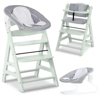 hauck Alpha+ Hochstuhl Newborn Set mit 2in1 Bouncer - Mint | Mitwachsender Holz Kinderhochstuhl ab Geburt bis 90 kg | inkl. Neugeborenenaufsatz & Sitzkissen