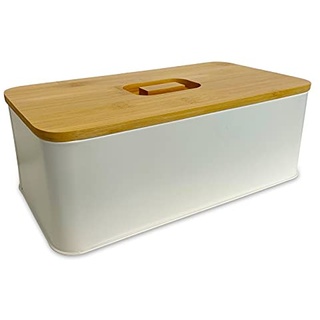 Ambico Brotkasten ALVA PRO Brotaufbewahrung aus Metall in Creme Farbe mit Bambus Deckel - Maße (L/B/H): 33,5 x 18,5 x 12,5 cm - Brotbox