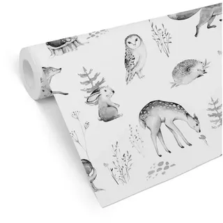 K&L Wall Art Mustertapete Babyzimmer Boho Kinderzimmer Fototapete Natur Vliestapete Waldtiere, Kinder Motivtapete groß, Vlies-Fototapete für Baby Schlafzimmer, hergestellt in Berlin grau 0.48 m x 10.08 m