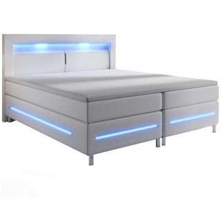 Juskys Boxspringbett Norfolk 180 x 200 cm – LED Beleuchtung, Bonell-Matratzen & Topper - weiß