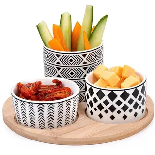 Murago - Tapas Snackplatte 4tlg Set - Bambus Keramik Snack Schalen Teller Platte Brett Serviertablett Schälchen Knabberschale Servierrschale Dips Vorspeisen Oliven Süßigkeiten Nüsse Holz