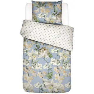 ESSENZA Bettwäsche Rosalee Iceblue Satin Blumen Blüten Lilien Hortensien Floral Eisblau Punkte Gepunktet, Größe:135 cm x 200 cm, Farbe:Iceblue