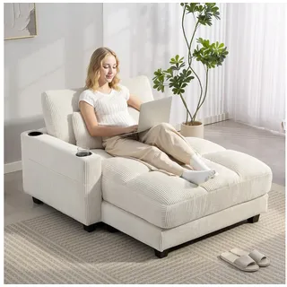 HOMCOM Schlafsofa Chaiselongue 2 Sitzer, Cord-Optik, Links/Rechts Armlehne, Sofa mit Schlaffunktion 1 Teile, für Wohnzimmer, Schlafzimmer, Cremeweiß weiß