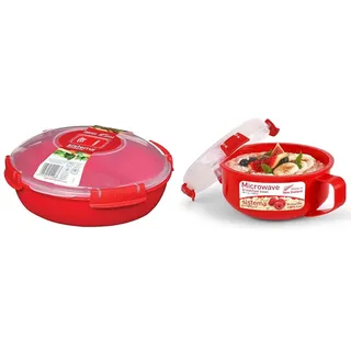 Sistema Microwave Teller, 1,3 l, rot & Microwave Frühstücksschale, 850 ml, rot/transparent