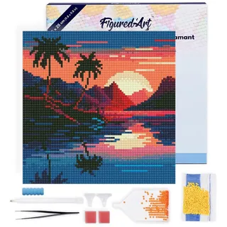 Figured'Art Mini Diamond Painting Erwachsene 25x25cm Mit Rahmen Ganze Leinwand gespannt Das Meer und der Sonnenuntergang 5D Bilder Runde Steine - DIY Set Basteln