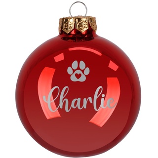 Herz & Heim® Weihnachtskugel aus Glas mit persönlicher Gravur/Rot oder Weiß/Matt oder Hochglanz/Ø 8 oder 10 cm/Verschiedene Motive Ø 10 cm, Rot Hochglanz, Tierpfote