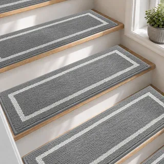 COSY HOMEER 4 Stück Treppenstufen Matten 70x22cm, Grau | Stufenmatten innen, melierte Struktur mit hellem Rahmen, TPE-Rücken ohne Klebeband, rutschfest, waschbar