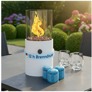 TOM Tischfeuer Tischkamin mit Gas mit 3x 190g Gas-Kartuschen, 12h Brenndauer, Dekosteine, Rund, Outdoor, Indoor weiß