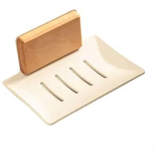 Volakebeing Wandmontierte Walnuss-Seifenschale mit Drainagesystem, ohne Bohren, natürliches Holz, Badezimmer-Organizer für Dusche, Badewanne, Aufbewahrung, schwarz, grau, weiß (A Holz + Weiß)