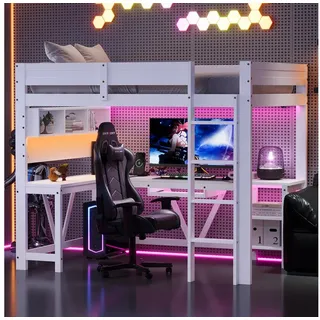 Odikalo Hochbett Kinderbett 90x200 mit Schreibtisch LED und Stauraum (großes Gaming-Hochbett aus Holz mit Schreibtisch, Ablagefächern, LED-Beleuchtung und Ladestation)