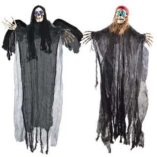 JOYIN 2 Stück Halloween Hängende Skelett Geister, 1 m, EIN Fliegender Sensenmann und EIN Skelett-Pirat mit LED-Blinkaugen, Beste Halloween Dekorationen