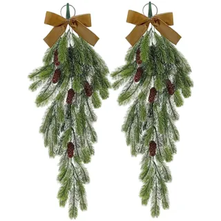 Weihnachtsbirge, 2pcs 70 cm künstliche Norfolk Kiefern Tränenbaute mit Kiefernkegel & Bogen, hängende Weihnachts -Türkranz für Türtisch -Mantelkamin Dekorationen (Stil)