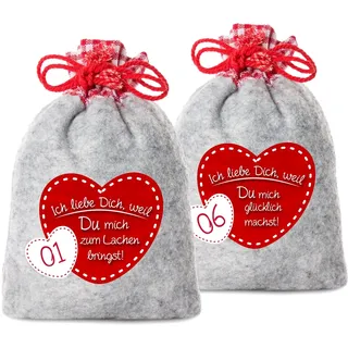 24 Adventskalender Säckchen aus Filz mit 24 Gründen Ich Liebe Dich, Weil - 2017 (für Erwachsene Männer & Frauen geeignet) für Weihnachtskalender/Adventskalender zum Befüllen