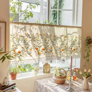 Devola Scheibengardinen Landhausstil Leinen Kurzgardine mit Blumen Stickerei Bistrogardine Blickdicht Vintage Gardine Frühling Küche Fenstergardinen mit Häkelspitze HxB 50x100cm Gelb 1 Stück