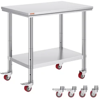 Vevor Arbeitstisch 91 x 60 x 85 cm Edelstahl Catering Arbeitstisch Belastbarkeit 136,08 kg, Lebensmittel Zubereitungstisch mit Nachlauf Gewerbliche Arbeitstisch für Küche Bar 4 verstellbare Füße