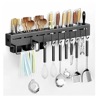 fannou Küchenorganizer-Set Wandmontiertes Küchenutensilien Organizer Rack mit 10 Haken, Selbstklebende Küchenhakenleiste ohne Bohren für Kochzubehör