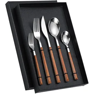 Besteckset Aus Hochfestem Edelstahl, Messer, Gabeln, Löffel, Holzgriffe.