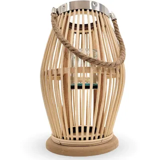 ZOLTA Großer Bambus Lampion XXL Natur Boho Laterne aus Holz und Glas mit Jutegriff Handgefertigte Garten Deko Laterne für Terrasse Balkon Wohnzimmer Innen Außen Kerzenhalter