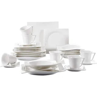 vancasso Lolita 30-teilig Porzellan Tafelservice, Eckiges Kombiservice, Geschirr Set mit je 6 Kaffeetassen, Untertassen, Dessertteller, Suppenteller und Essteller Weiß