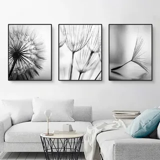 Martin Kench 3er Premium Schwarz Weiß Poster Set, Aesthetic Blume Löwenzahn Bilder Set, Modern Wandbilder, Leinwandbilder für Wohnzimmer, Ohne Rahmen (A,30x40cm)