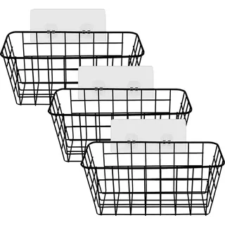 Zosenyer 3 Stück Gitterkorb Schwarz, Drahtkorb Eckig Metallkorb Wand mit Klebehaken - 28.5 x 12.5 x 12.5 cm-Aufbewahrungskorb zum Aufhängen für Küche, Bad, Speisekammer, Büro